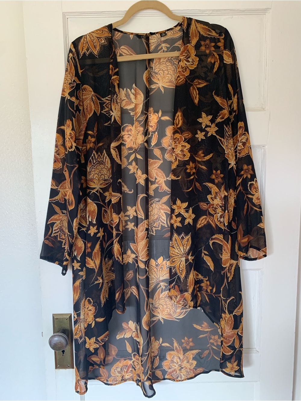 IMAN Sheer Black Open Front Top with Gold Floral Print